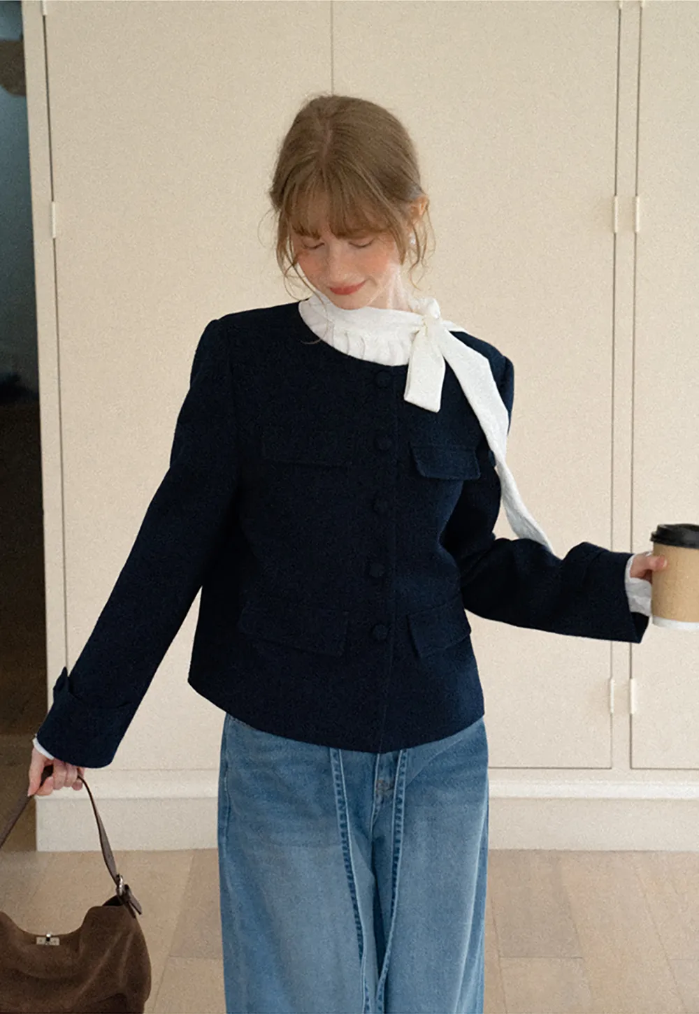 Structured Cropped Jacket with Notched Lapel and Flap Pockets
