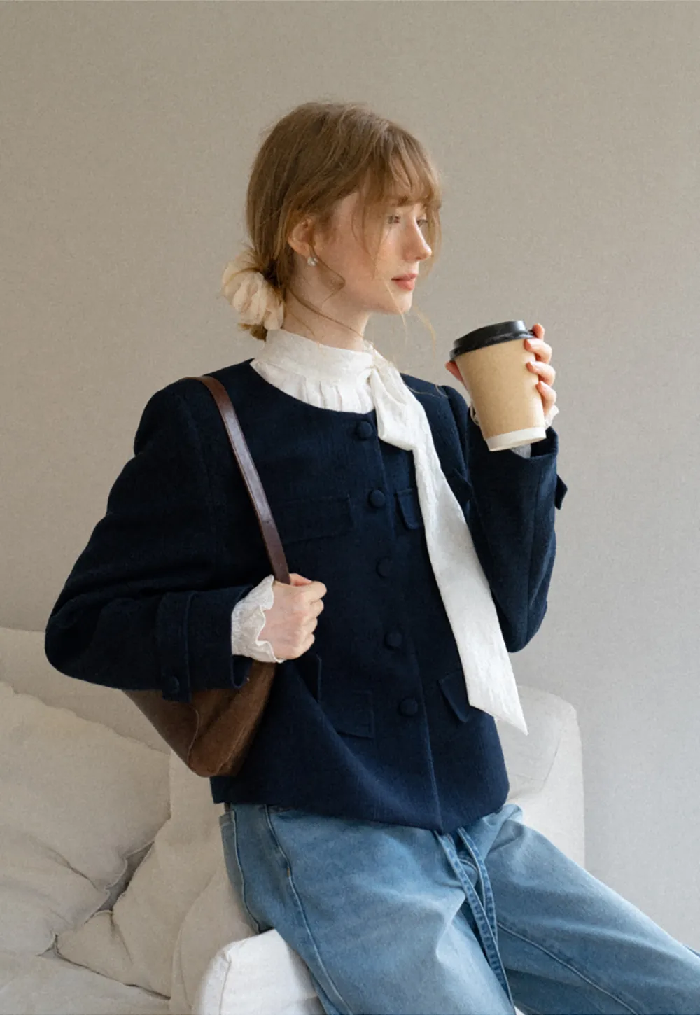 Structured Cropped Jacket with Notched Lapel and Flap Pockets