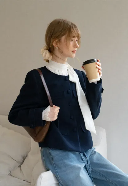 Structured Cropped Jacket with Notched Lapel and Flap Pockets