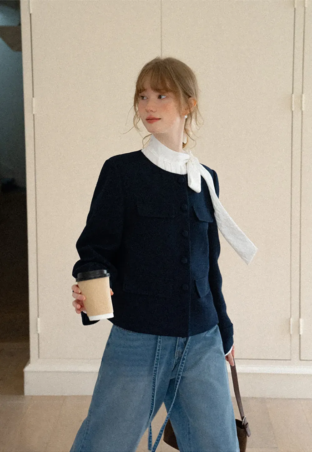 Structured Cropped Jacket with Notched Lapel and Flap Pockets