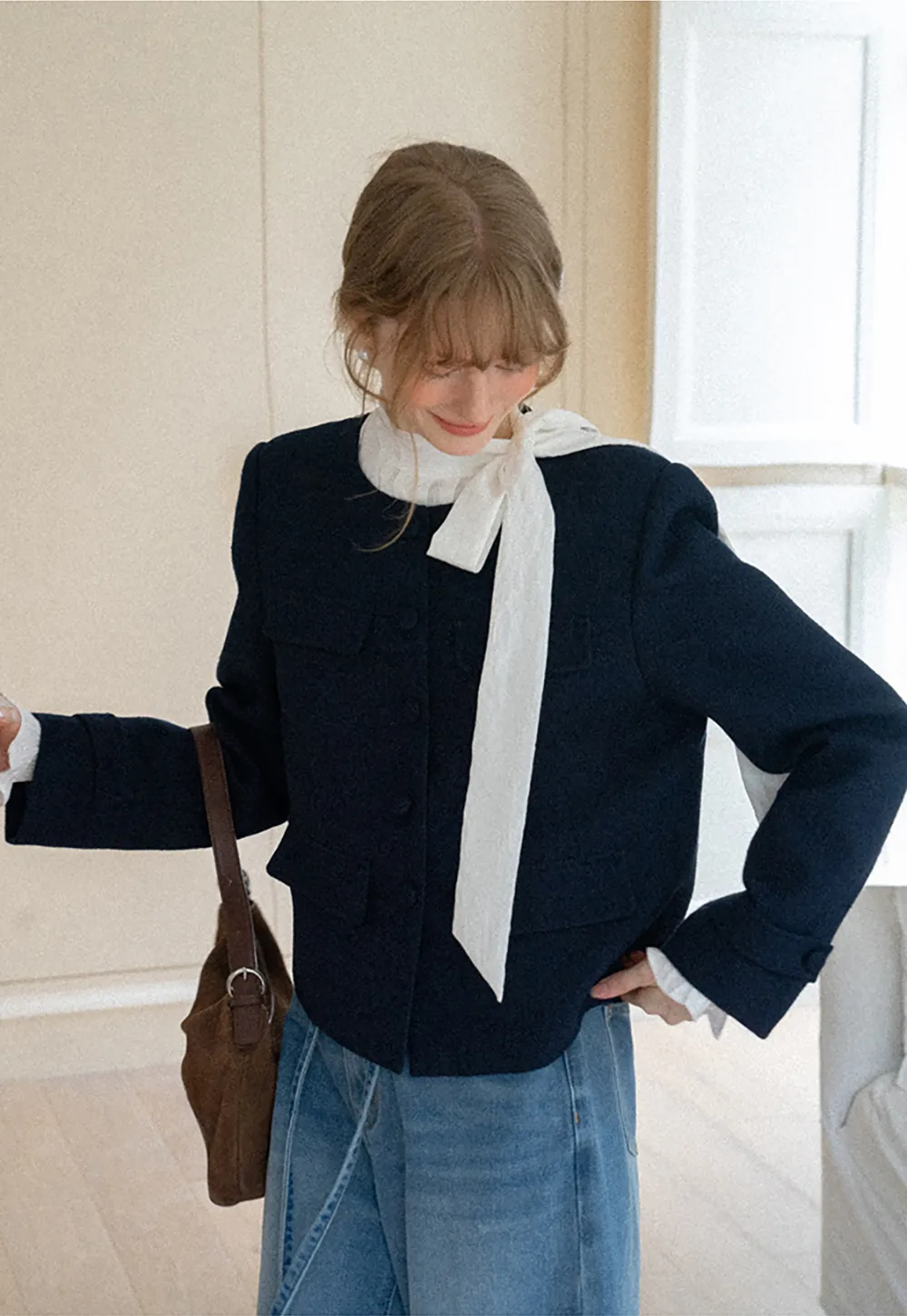Structured Cropped Jacket with Notched Lapel and Flap Pockets