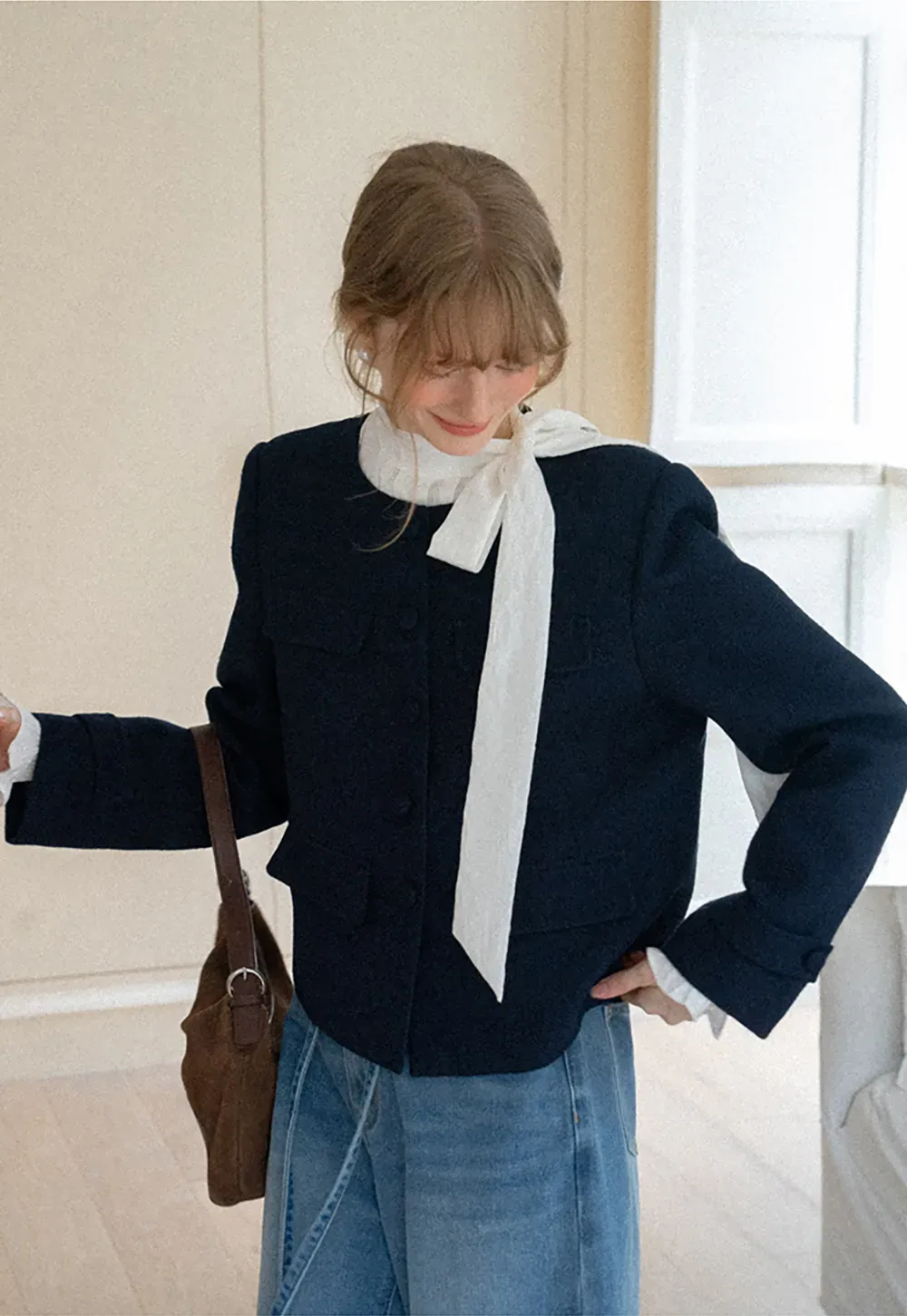 Structured Cropped Jacket with Notched Lapel and Flap Pockets
