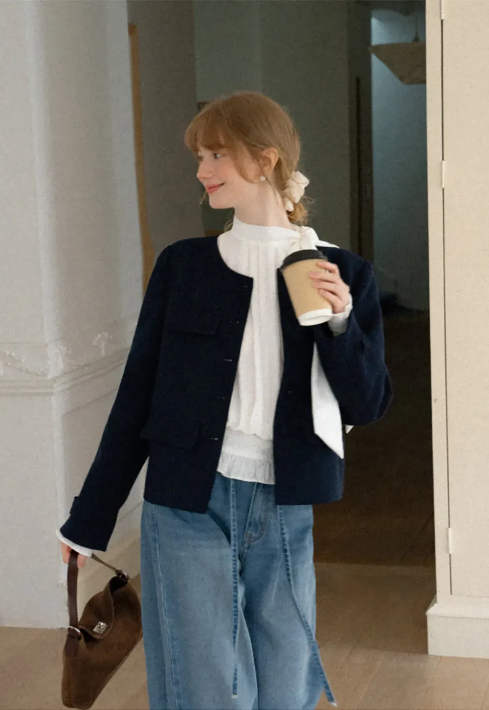 Structured Cropped Jacket with Notched Lapel and Flap Pockets