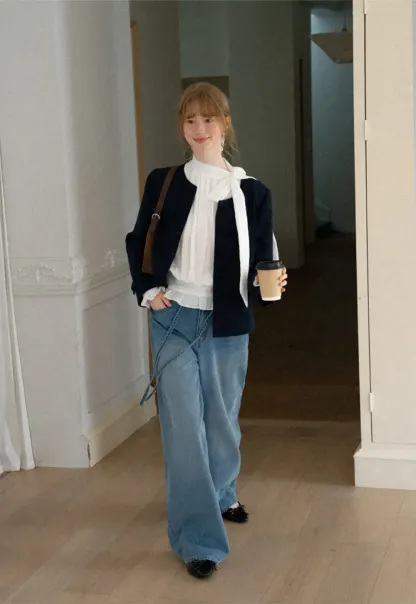 Structured Cropped Jacket with Notched Lapel and Flap Pockets
