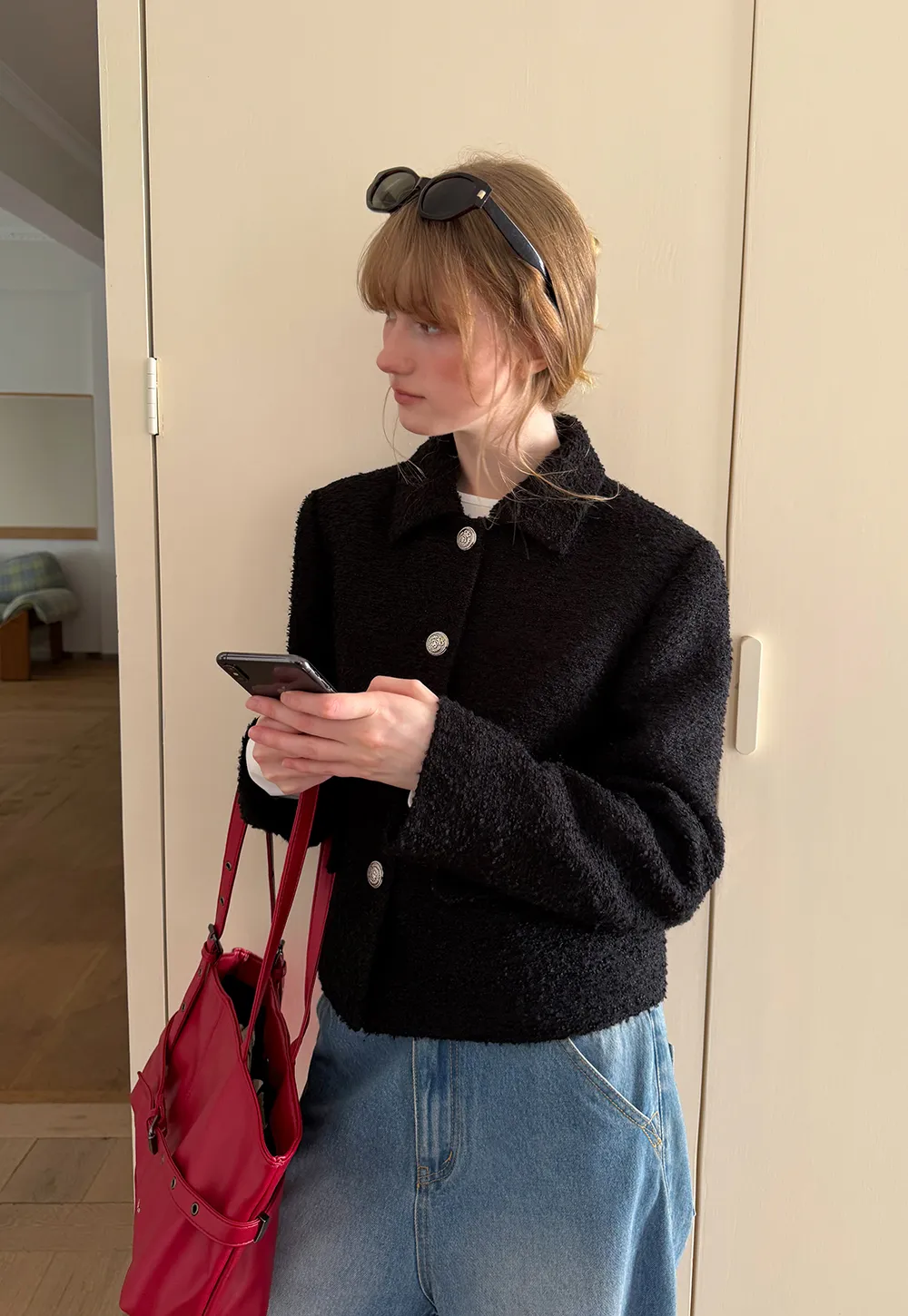 Textured Boucle Cropped Jacket with Notched Collar