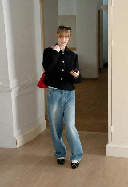 Textured Boucle Cropped Jacket with Notched Collar