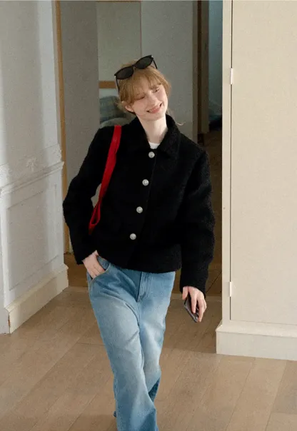 Textured Boucle Cropped Jacket with Notched Collar