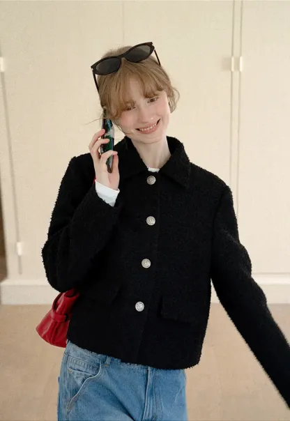 Textured Boucle Cropped Jacket with Notched Collar