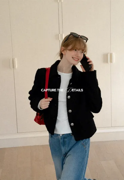 Textured Boucle Cropped Jacket with Notched Collar