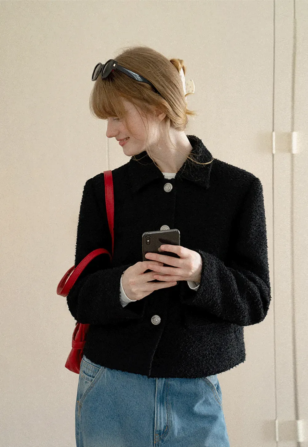 Textured Boucle Cropped Jacket with Notched Collar