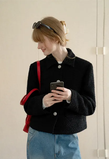 Textured Boucle Cropped Jacket with Notched Collar