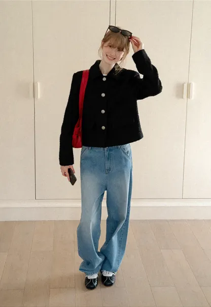 Textured Boucle Cropped Jacket with Notched Collar
