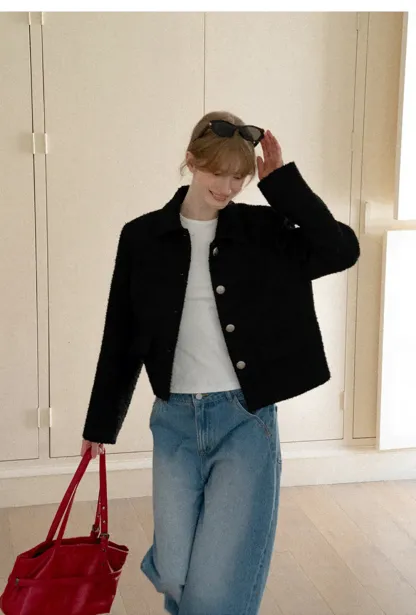 Textured Boucle Cropped Jacket with Notched Collar