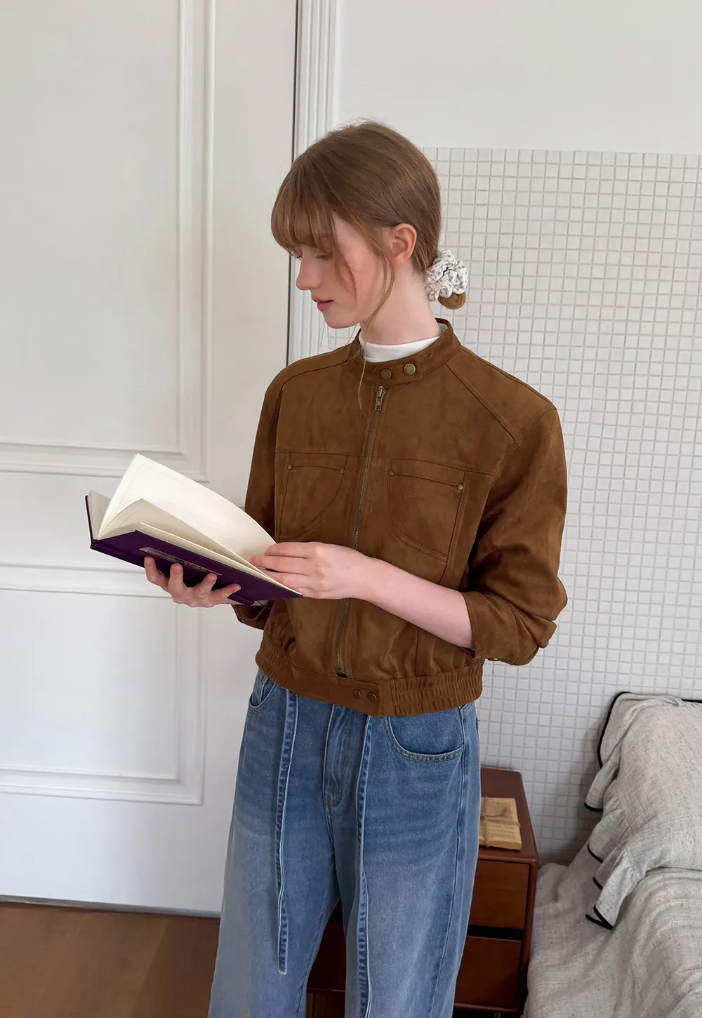 Suede Texture Stand Collar Zip Front Short Jacket
