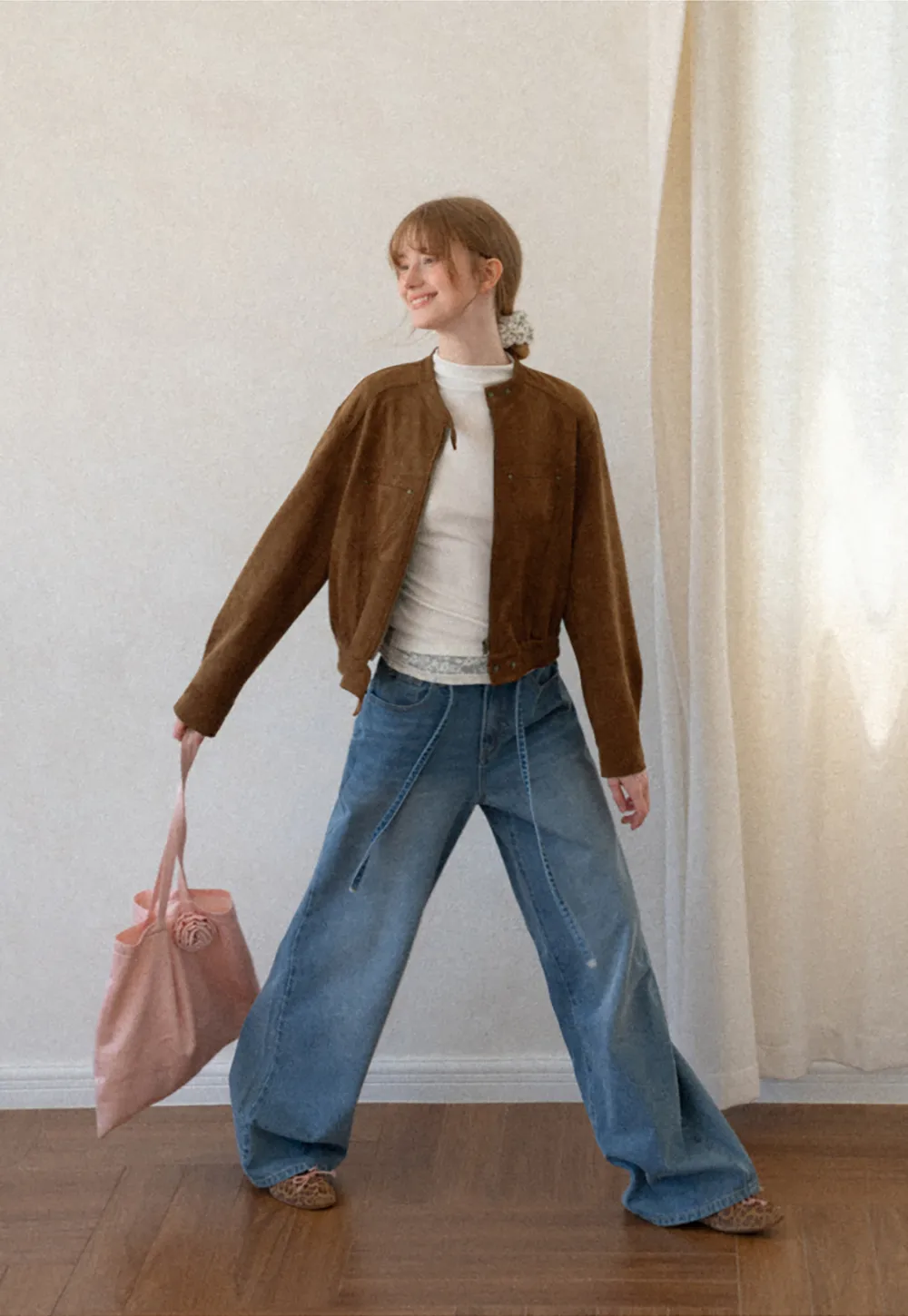 Suede Texture Stand Collar Zip Front Short Jacket