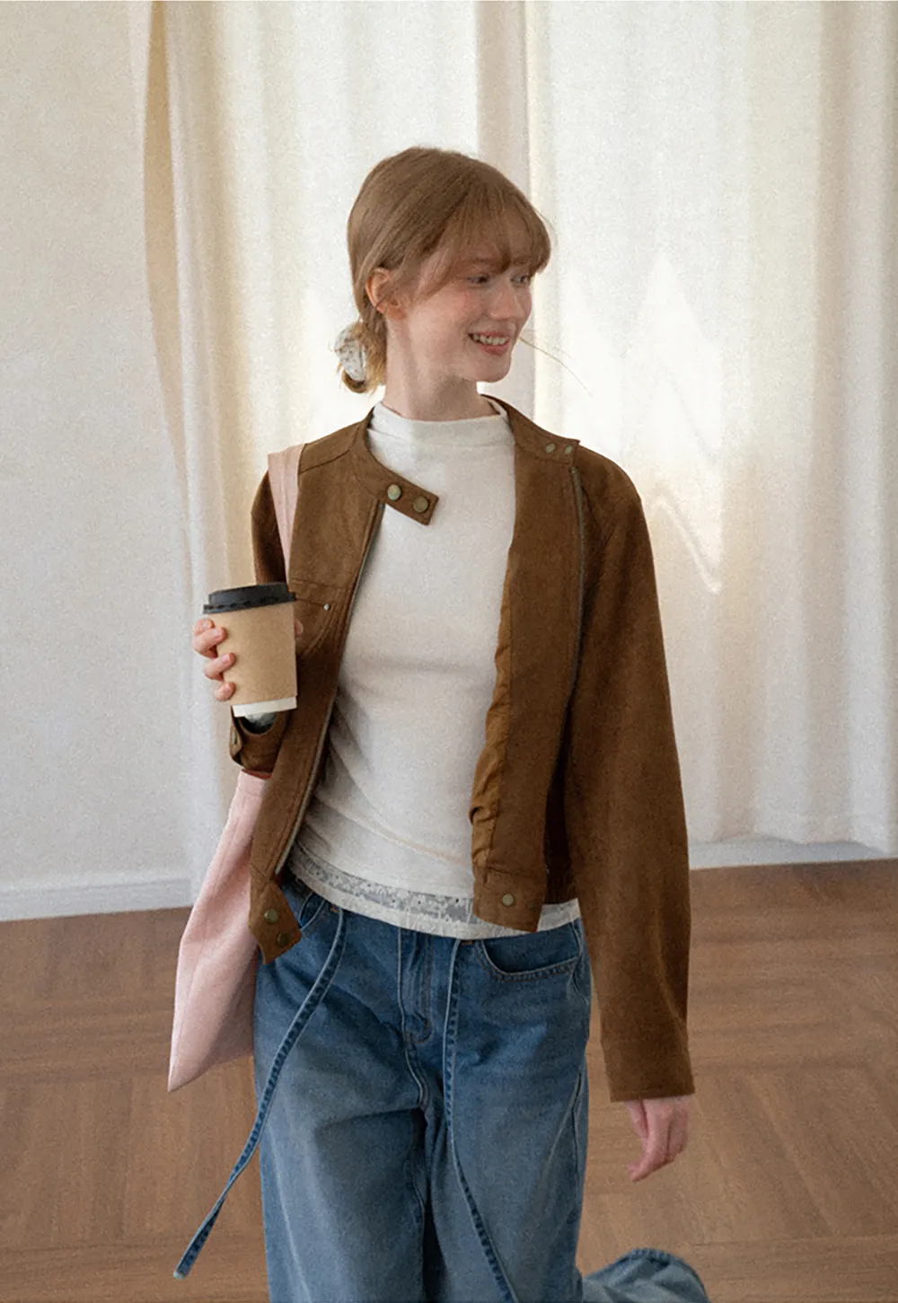 Suede Texture Stand Collar Zip Front Short Jacket