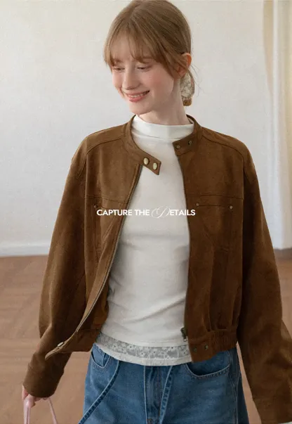 Suede Texture Stand Collar Zip Front Short Jacket