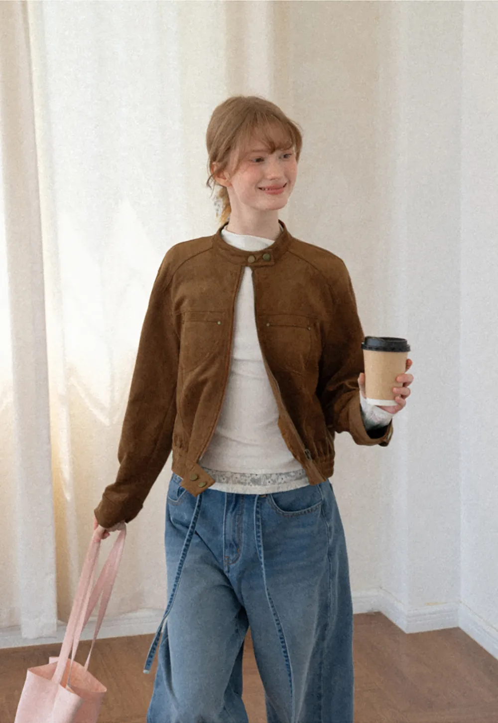 Suede Texture Stand Collar Zip Front Short Jacket
