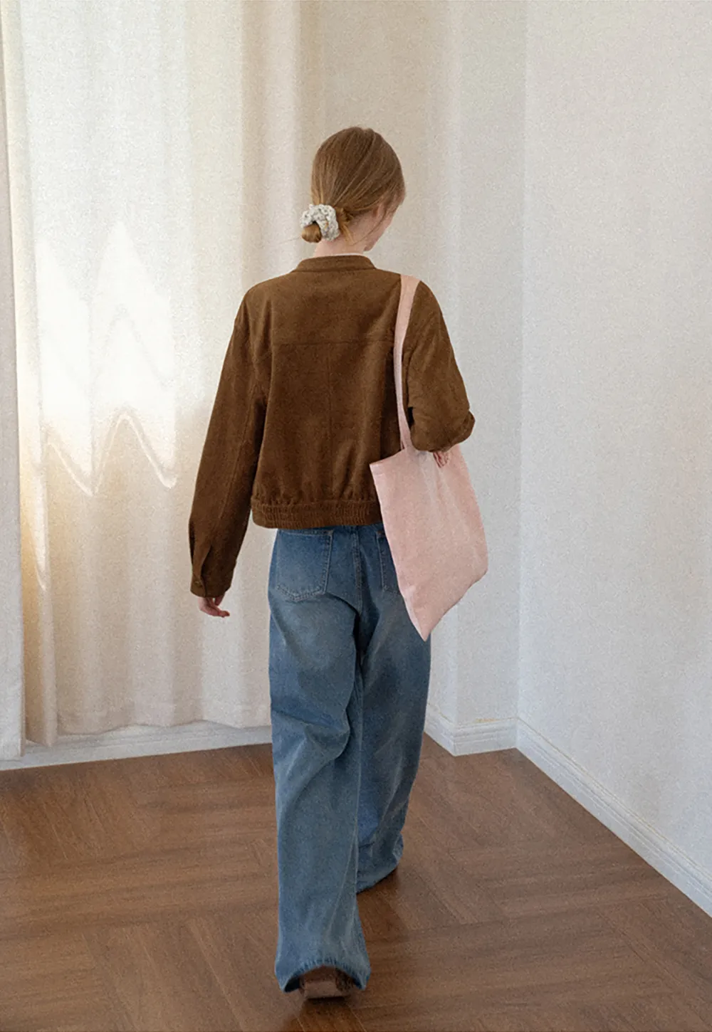 Suede Texture Stand Collar Zip Front Short Jacket