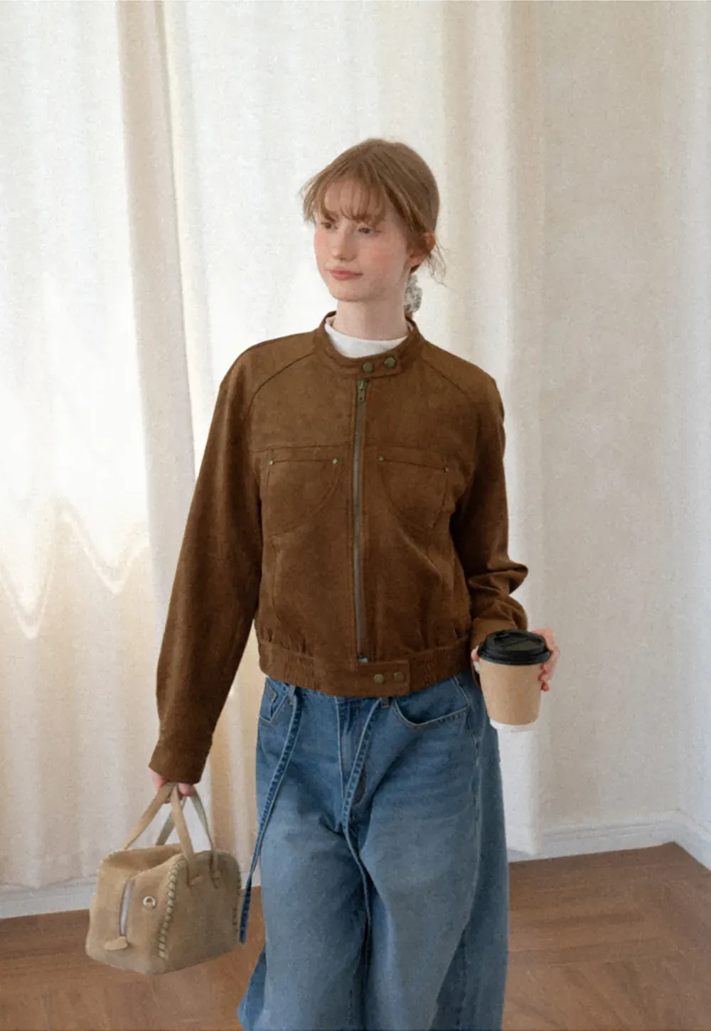 Suede Texture Stand Collar Zip Front Short Jacket