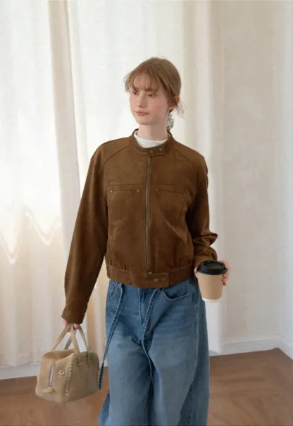 Suede Texture Stand Collar Zip Front Short Jacket
