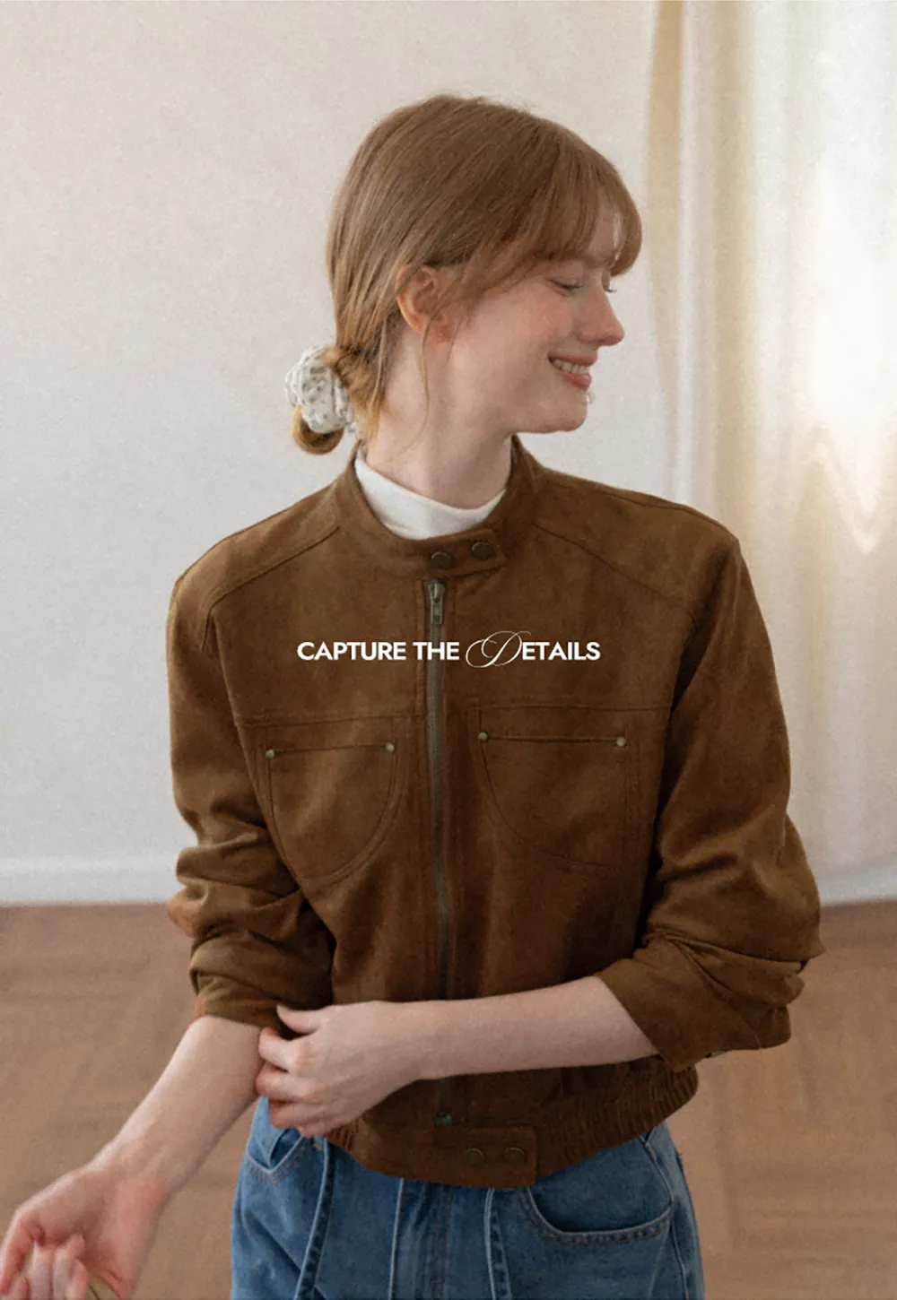 Suede Texture Stand Collar Zip Front Short Jacket