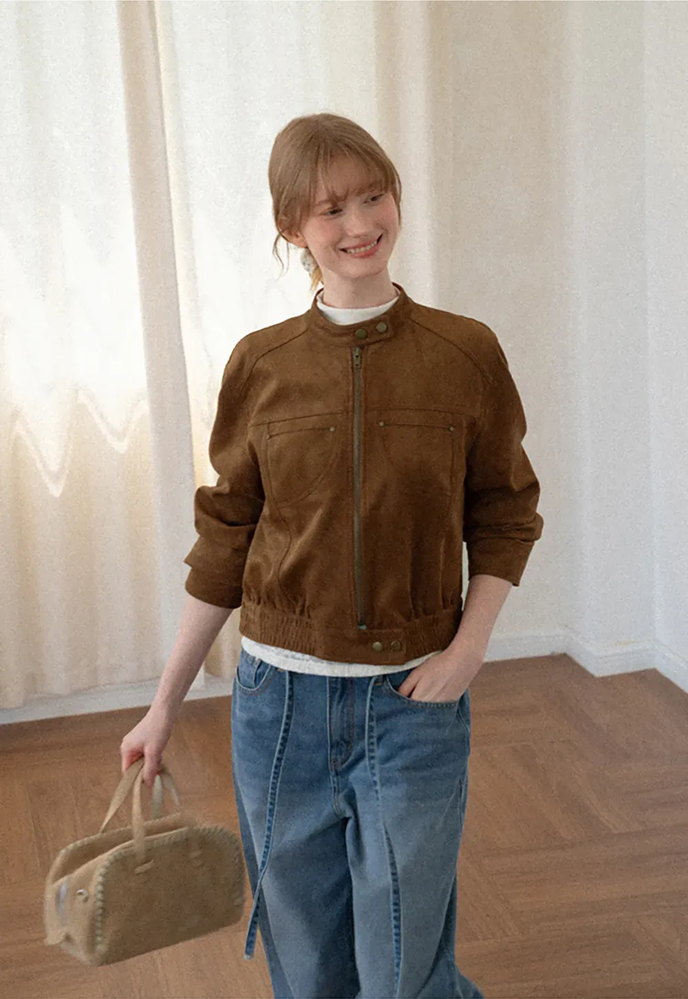 Suede Texture Stand Collar Zip Front Short Jacket