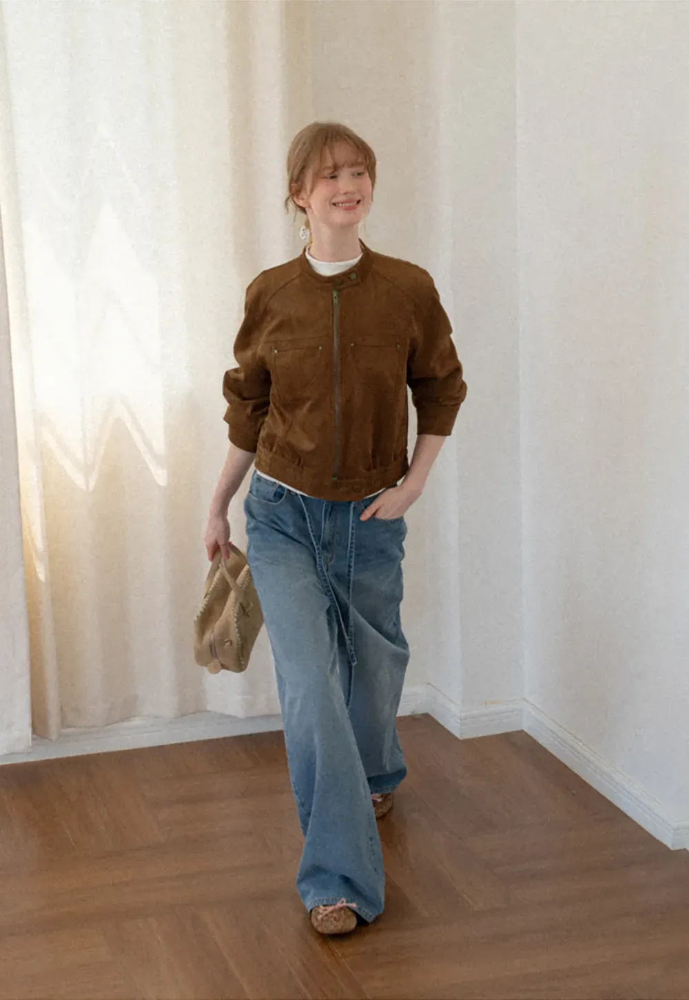 Suede Texture Stand Collar Zip Front Short Jacket