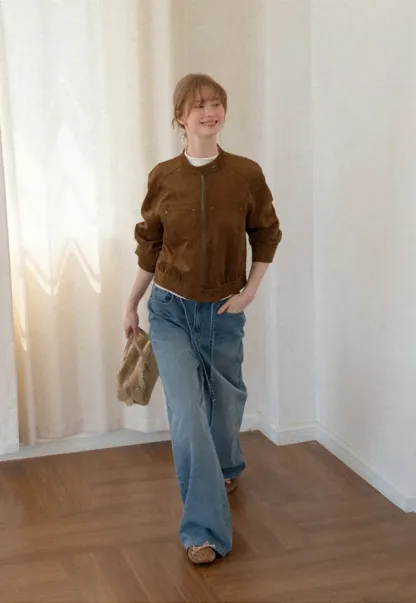 Suede Texture Stand Collar Zip Front Short Jacket