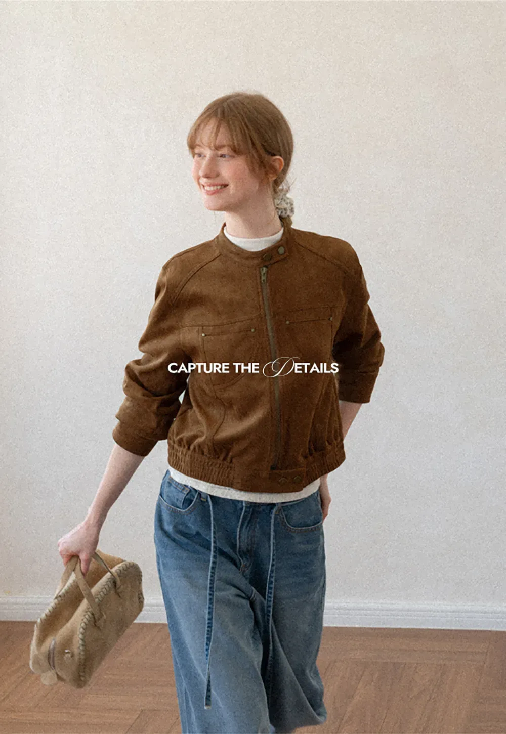 Suede Texture Stand Collar Zip Front Short Jacket