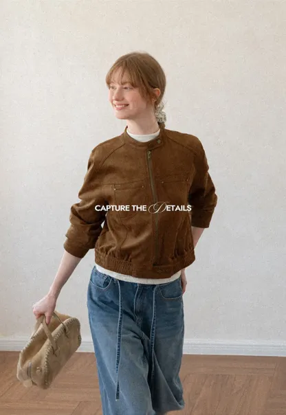 Suede Texture Stand Collar Zip Front Short Jacket
