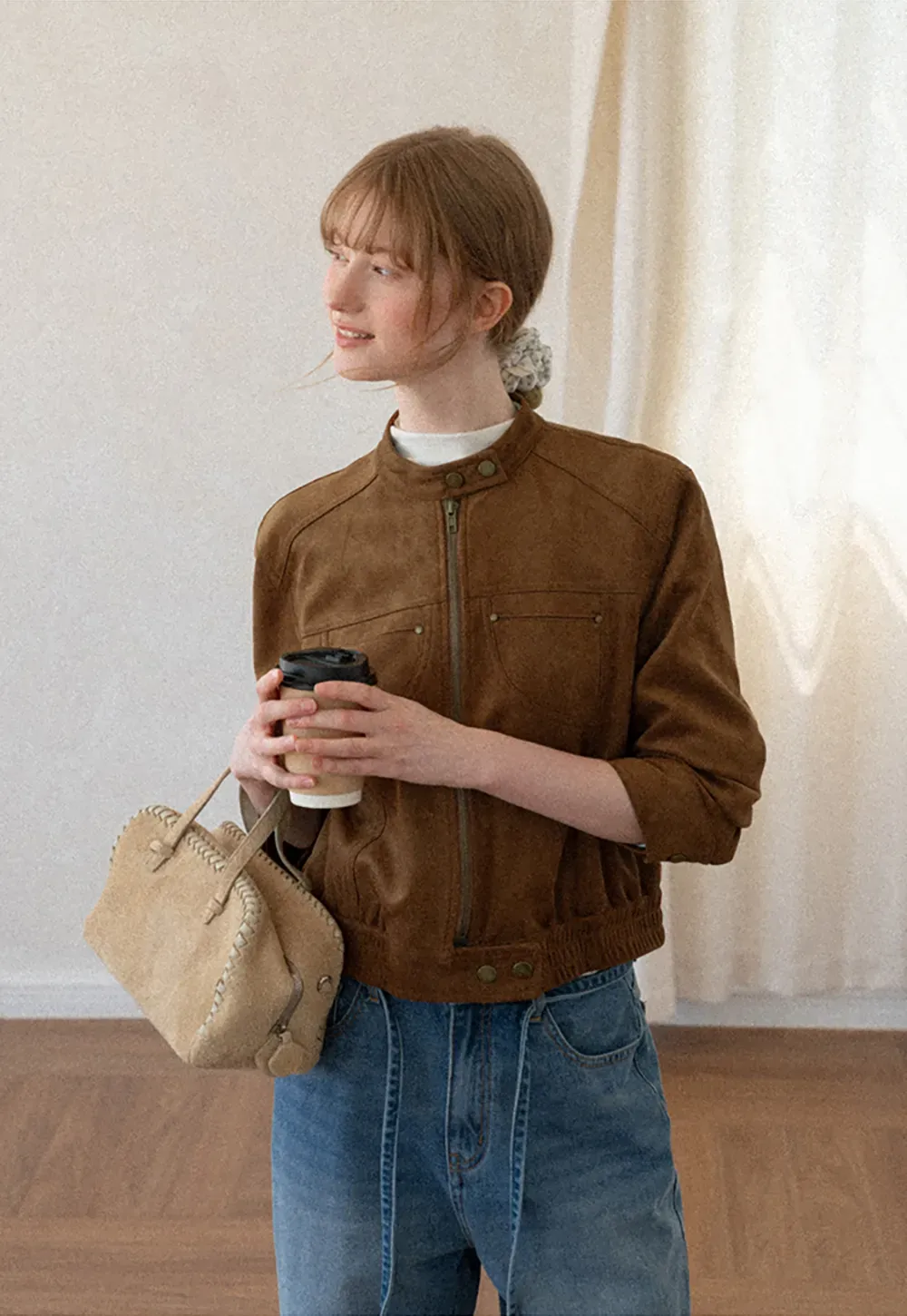 Suede Texture Stand Collar Zip Front Short Jacket