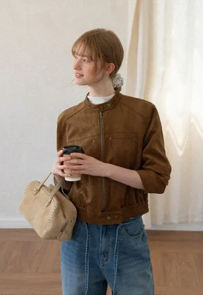 Suede Texture Stand Collar Zip Front Short Jacket