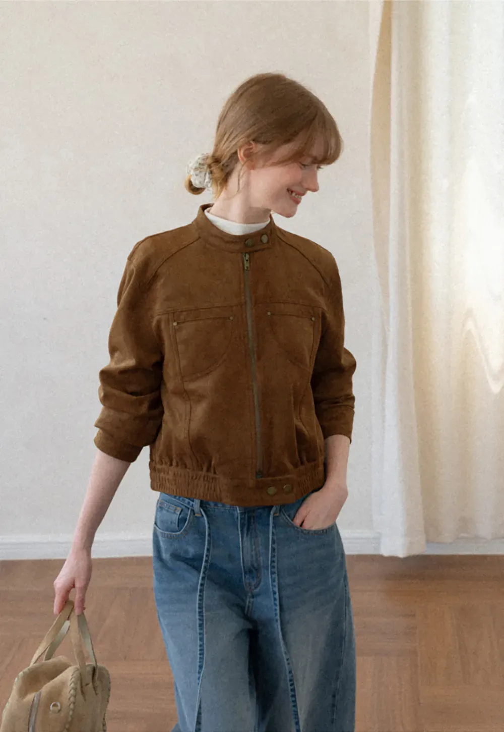 Suede Texture Stand Collar Zip Front Short Jacket