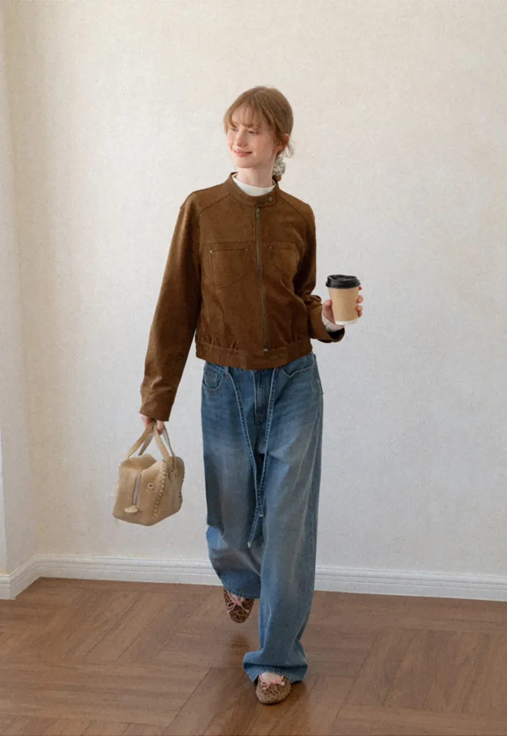 Suede Texture Stand Collar Zip Front Short Jacket