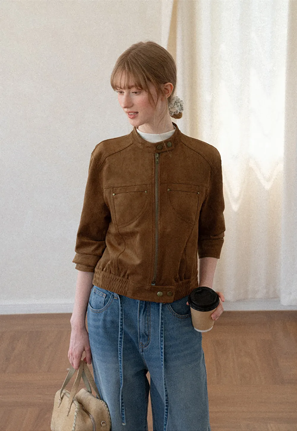 Suede Texture Stand Collar Zip Front Short Jacket