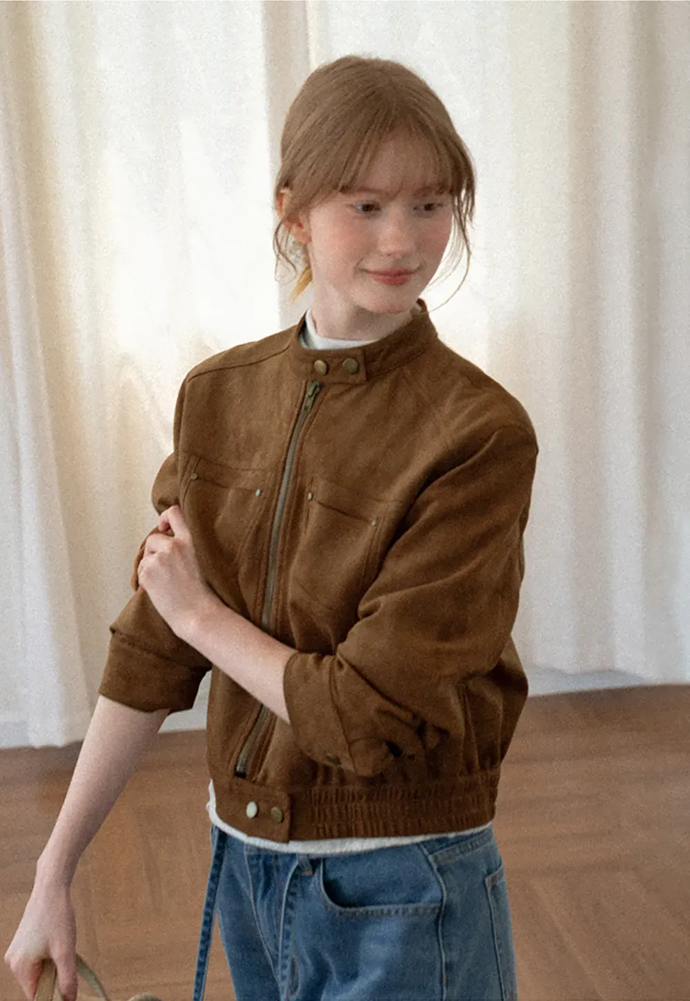 Suede Texture Stand Collar Zip Front Short Jacket
