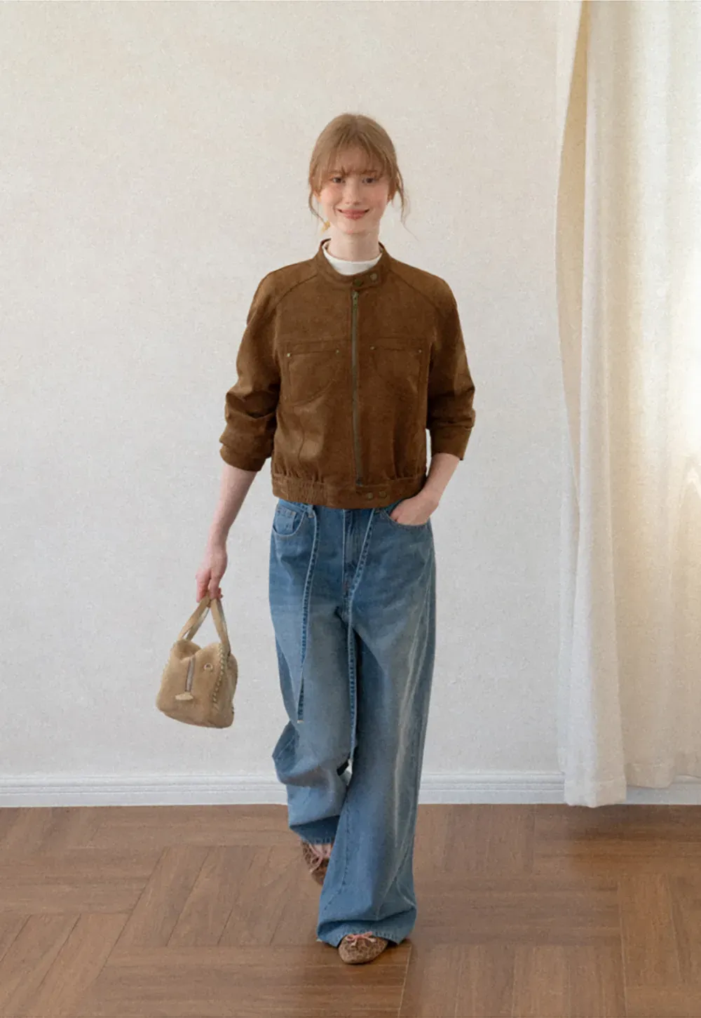 Suede Texture Stand Collar Zip Front Short Jacket