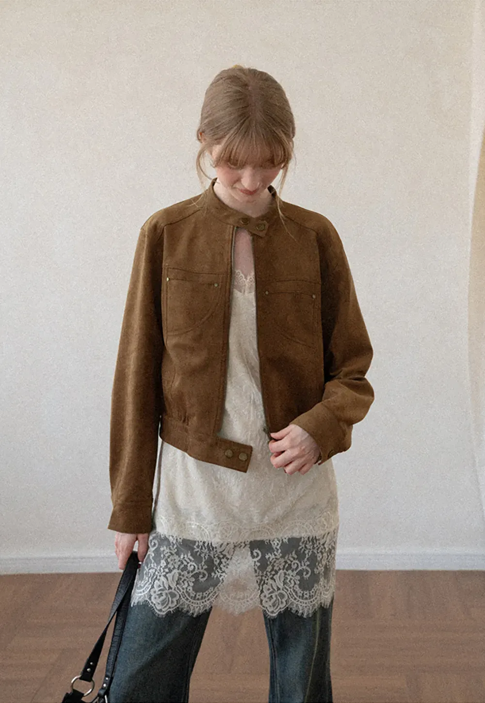 Suede Texture Stand Collar Zip Front Short Jacket
