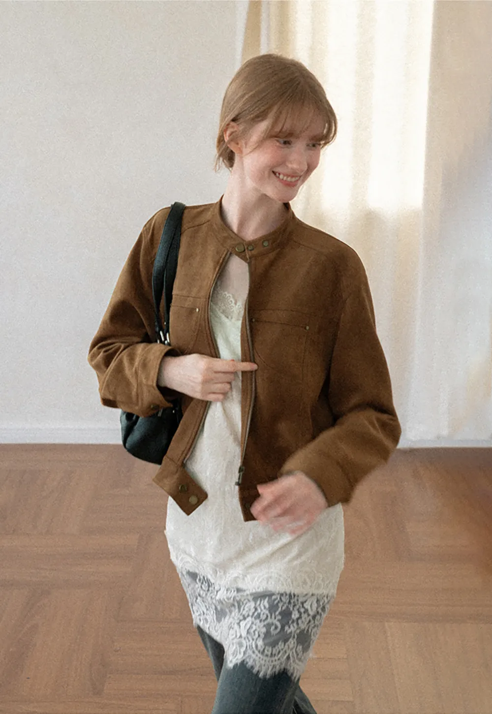 Suede Texture Stand Collar Zip Front Short Jacket