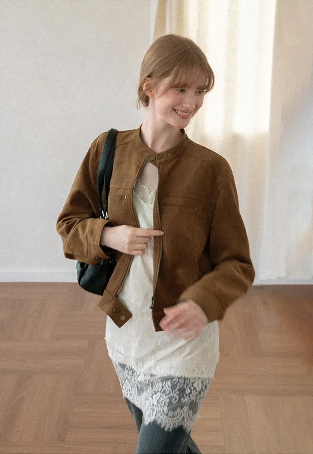 Suede Texture Stand Collar Zip Front Short Jacket