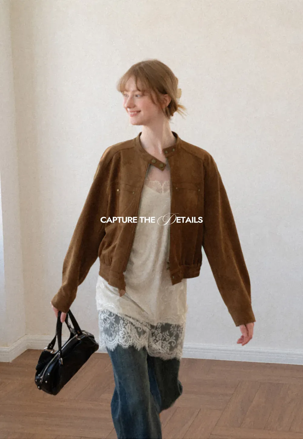 Suede Texture Stand Collar Zip Front Short Jacket