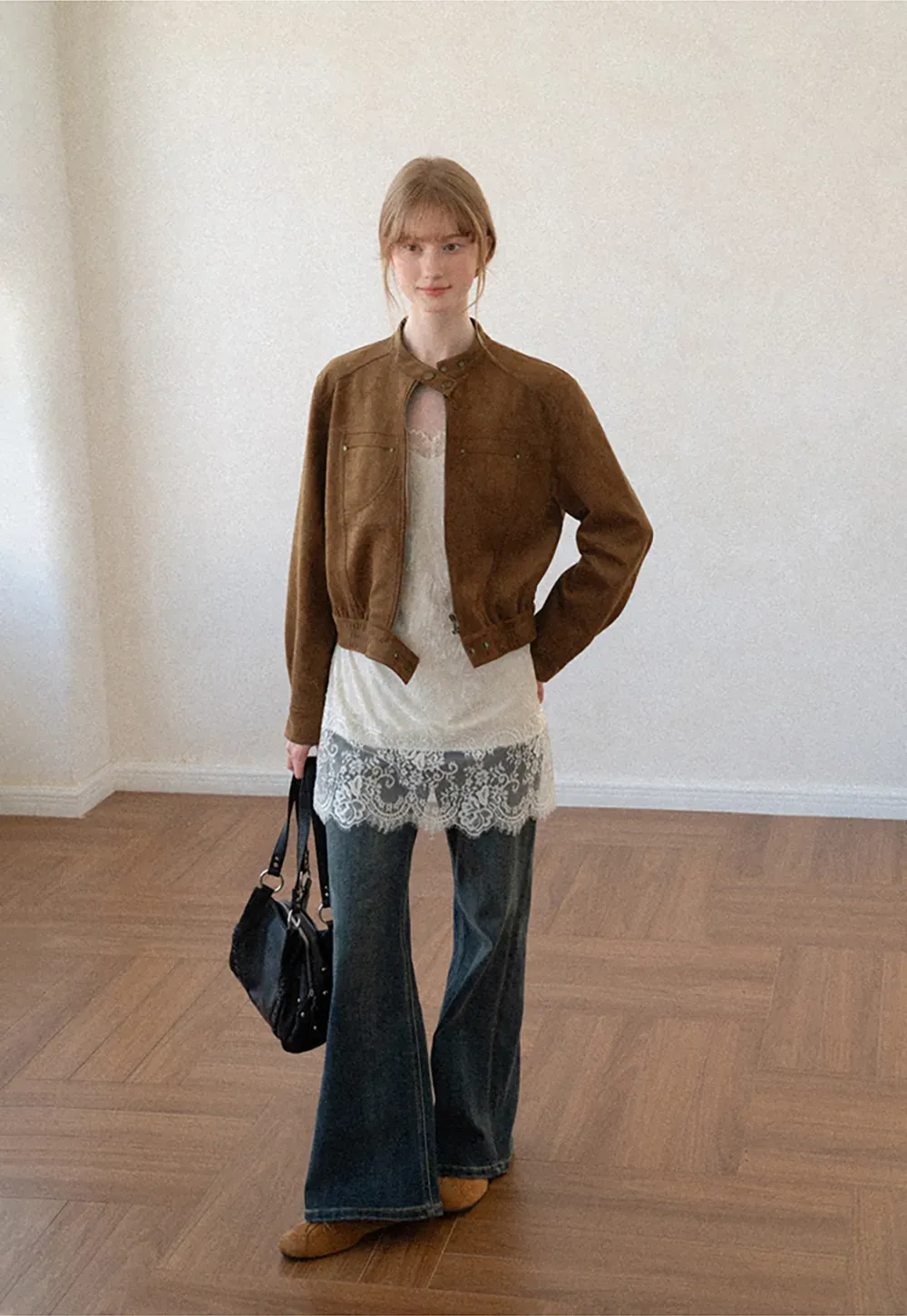 Suede Texture Stand Collar Zip Front Short Jacket