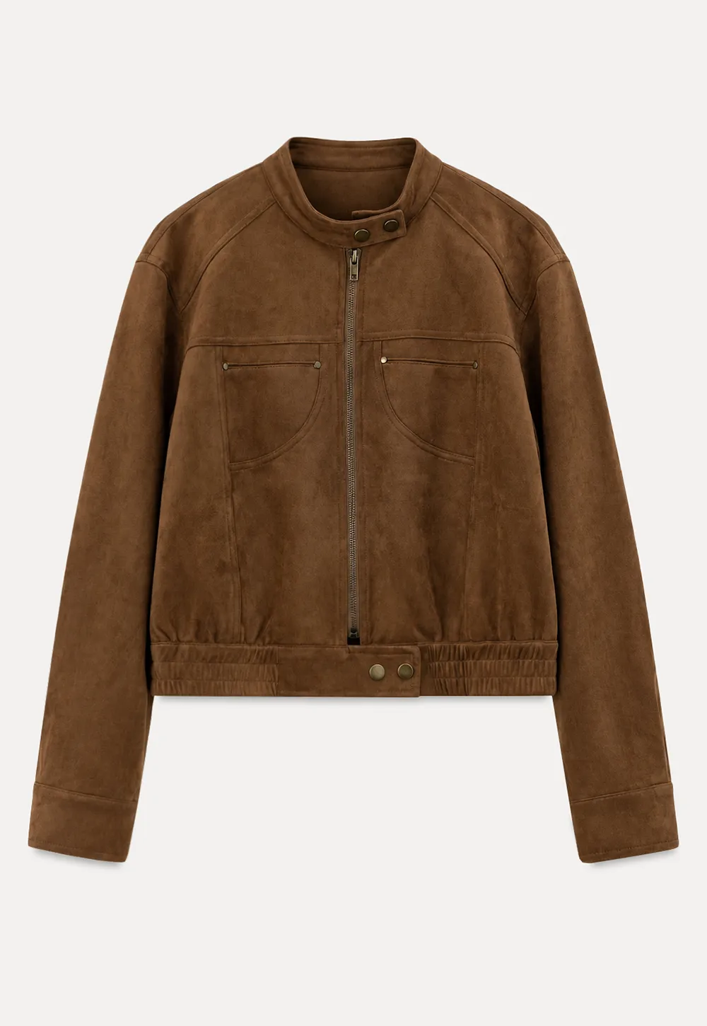 Suede Texture Stand Collar Zip Front Short Jacket