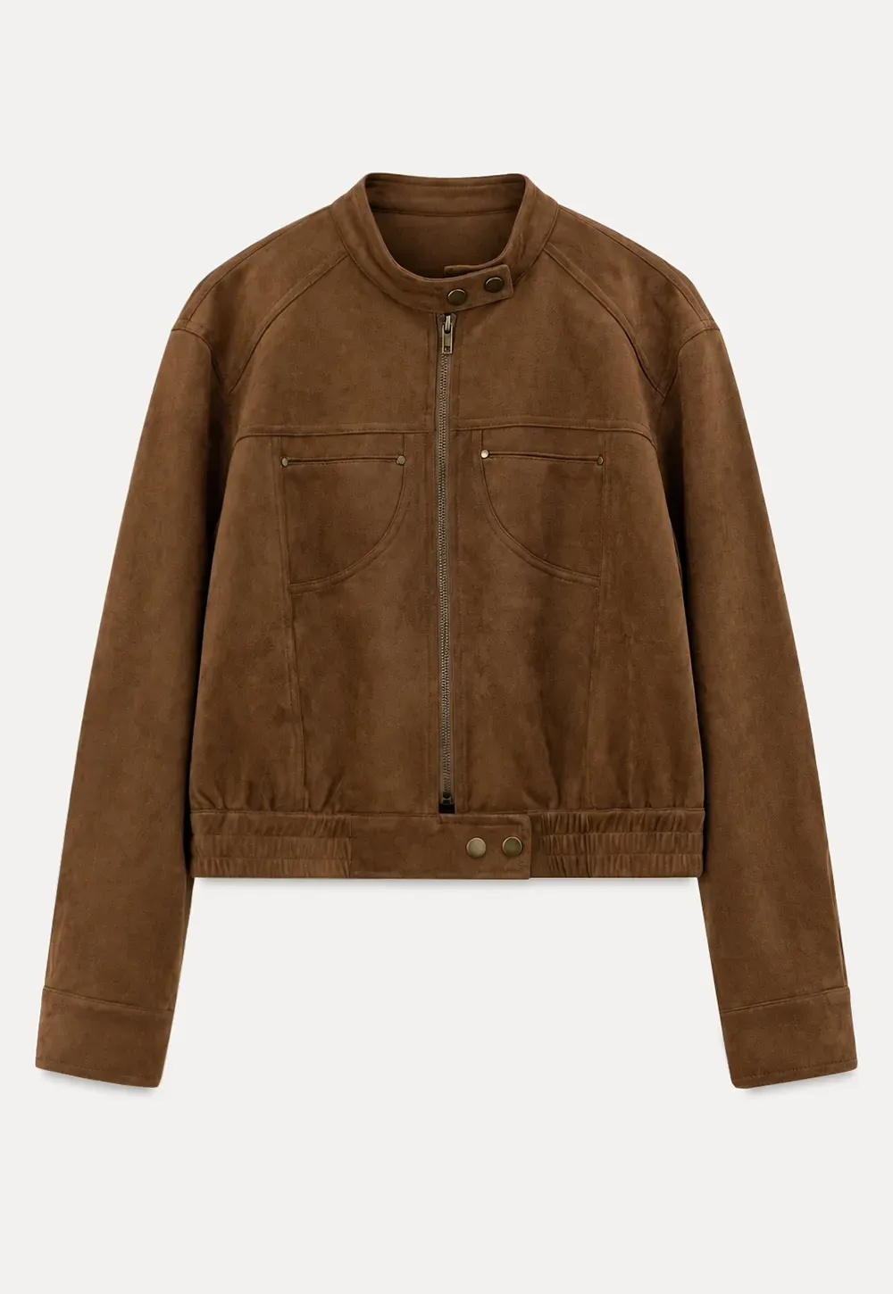 Suede Texture Stand Collar Zip Front Short Jacket