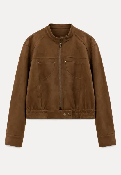 Suede Texture Stand Collar Zip Front Short Jacket