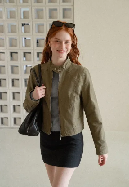 Cropped Stand Collar Zip Front Short Jacket