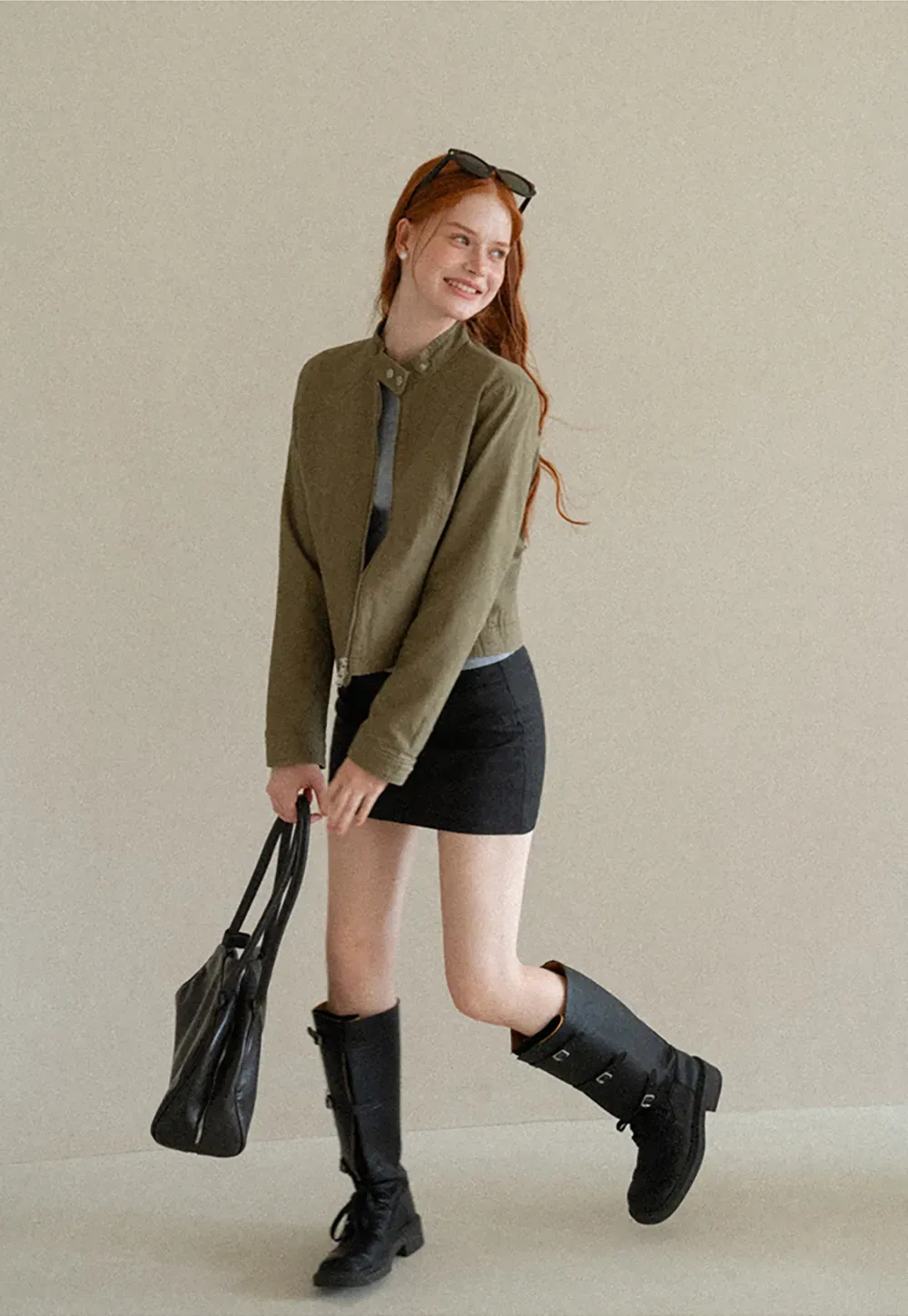 Cropped Stand Collar Zip Front Short Jacket
