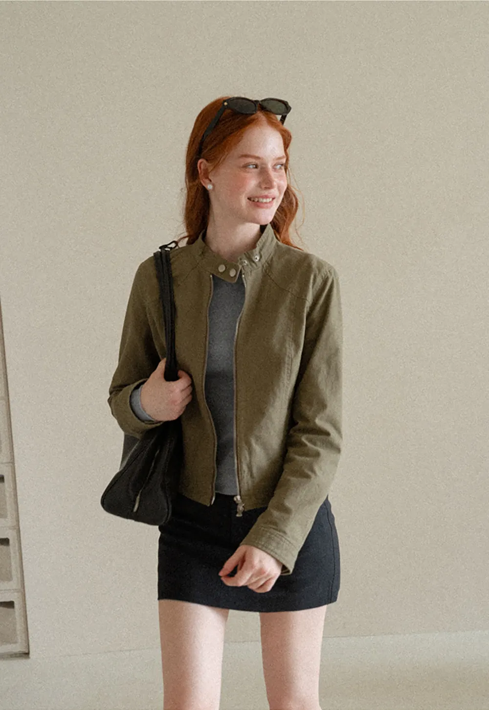 Cropped Stand Collar Zip Front Short Jacket