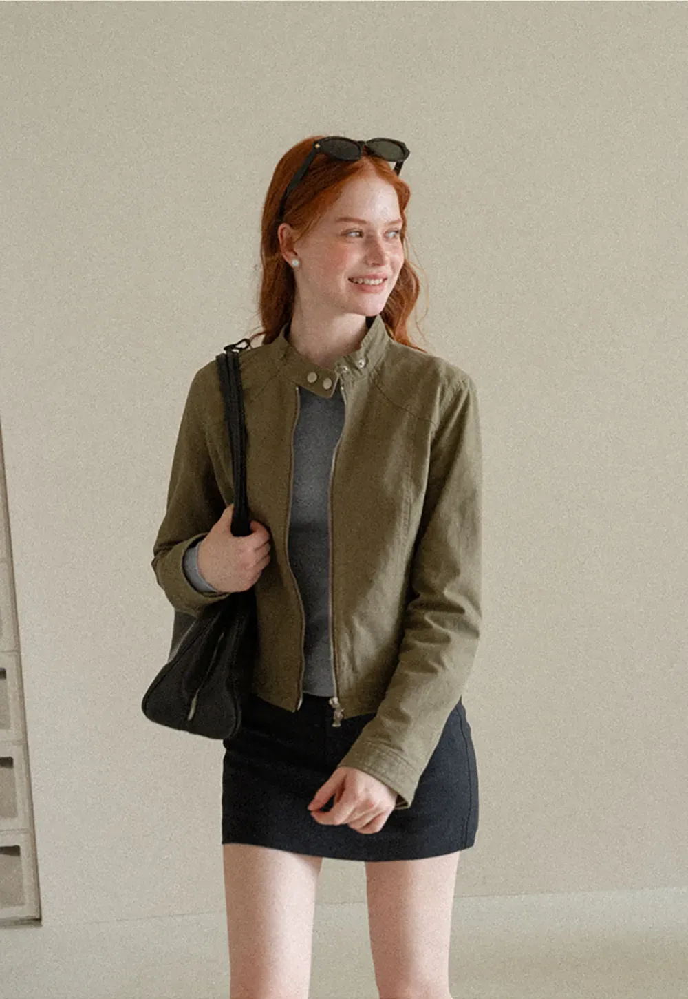 Cropped Stand Collar Zip Front Short Jacket